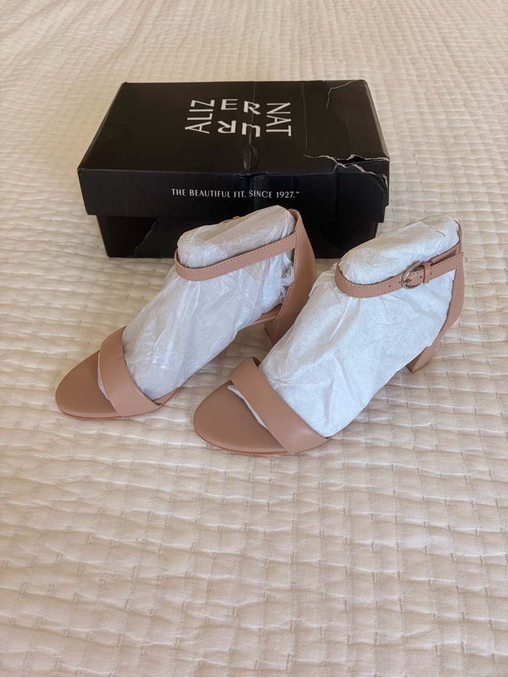 Naturalizer Beige/Opal Ankle-Strap Block Heel Sandals 7W